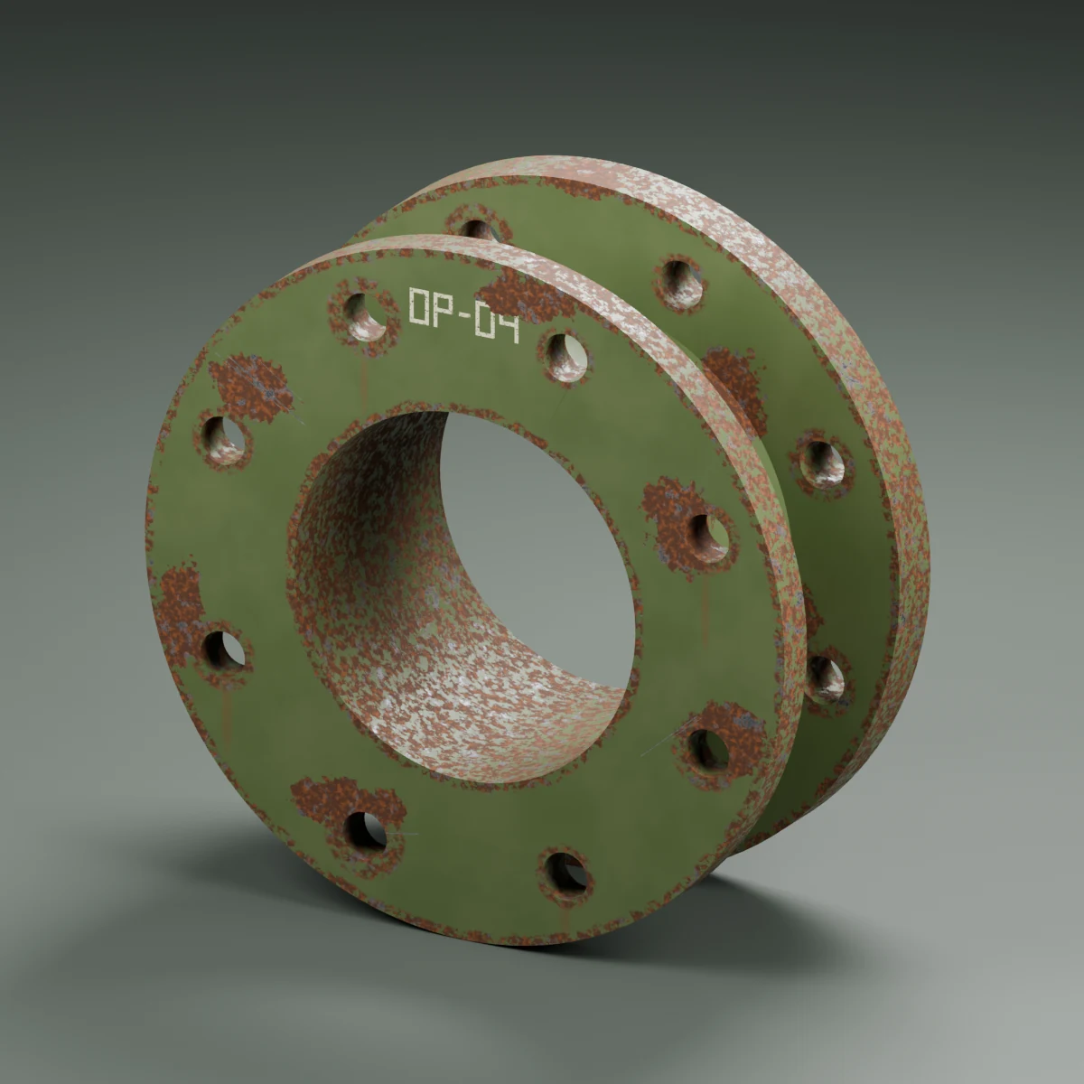 Olive painted steel sample with exposed edges and worn coating