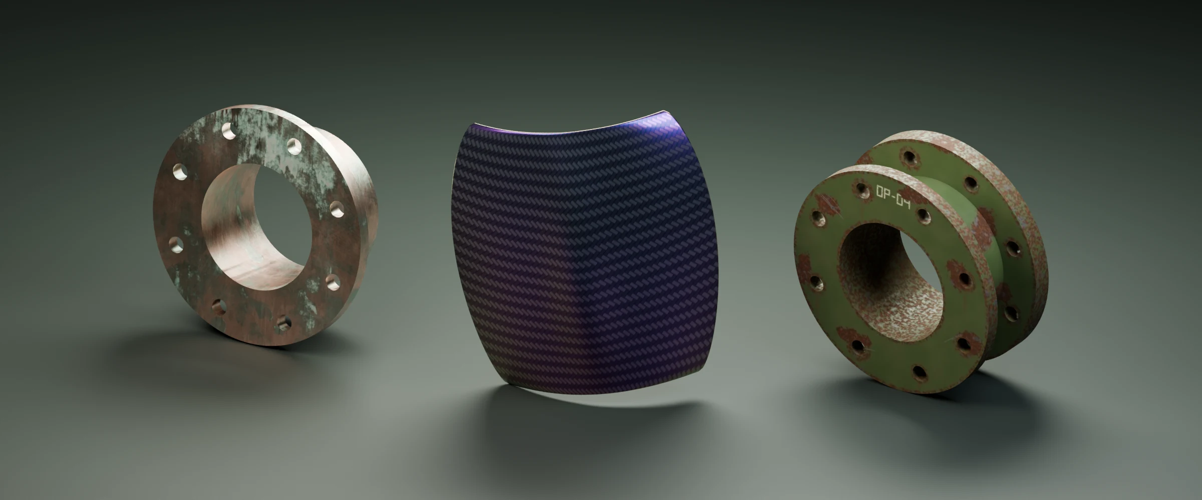 A collection of textured Open Painter material samples rendered in Blender